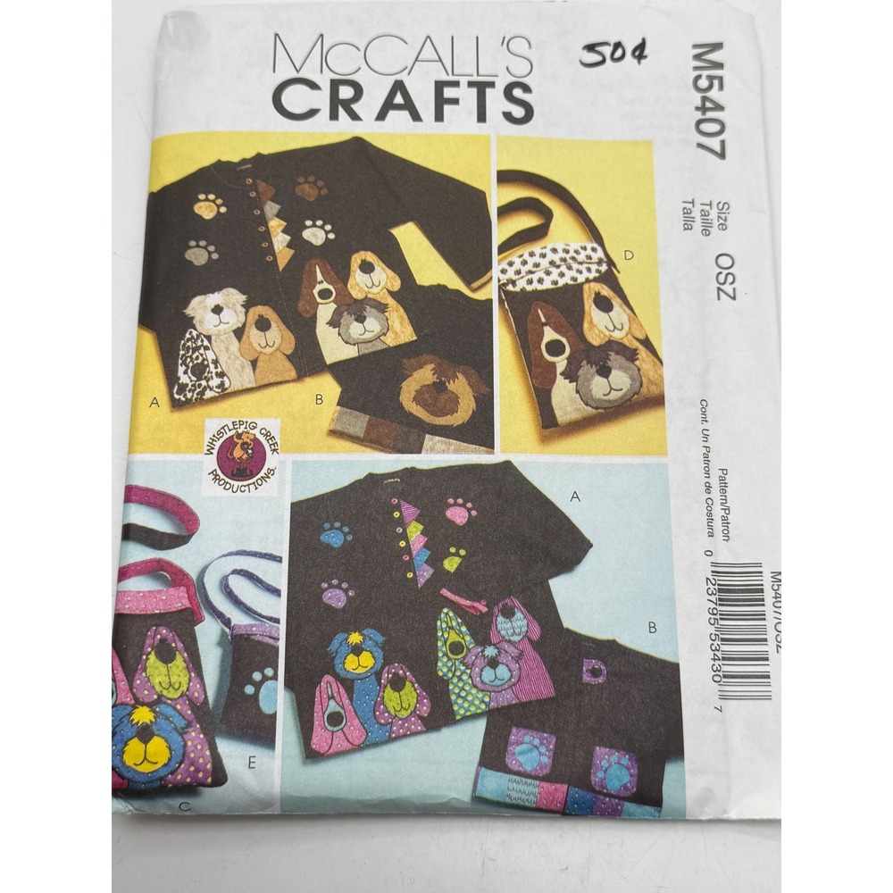 McCall's M5407 Dog Appliques Jacket Tote Sewing Pattern Whistlepig Creek OSZ